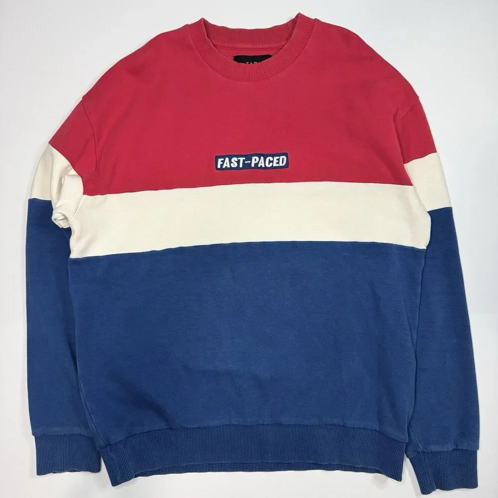 Zara Men’s Fast Paced Color‎ Block Sweater Red/White/Blue Pullover Size L